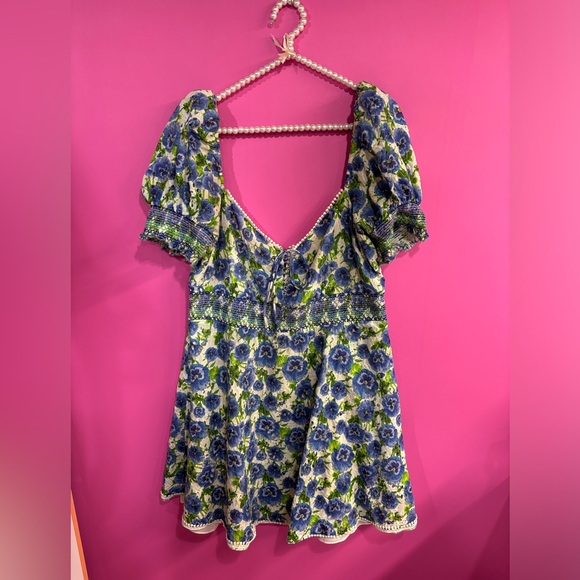 ALICE + OLIVIA Crawford Sweetheart Mini Dress Blue Floral Ruffle Eyelet - Picture 4 of 7